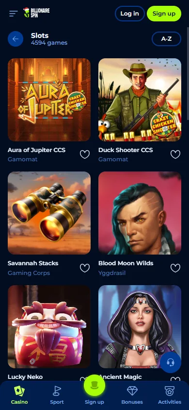 Billionairespin Casino mobile games catalogue with casino and betting categories