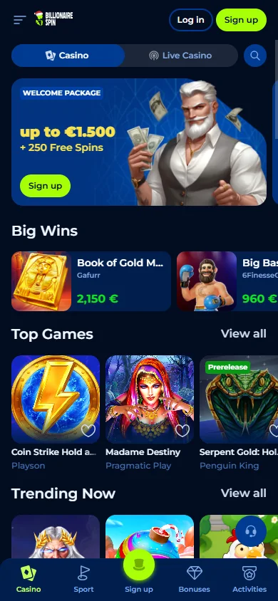Billionairespin Casino mobile home experience on an iOS or Android device