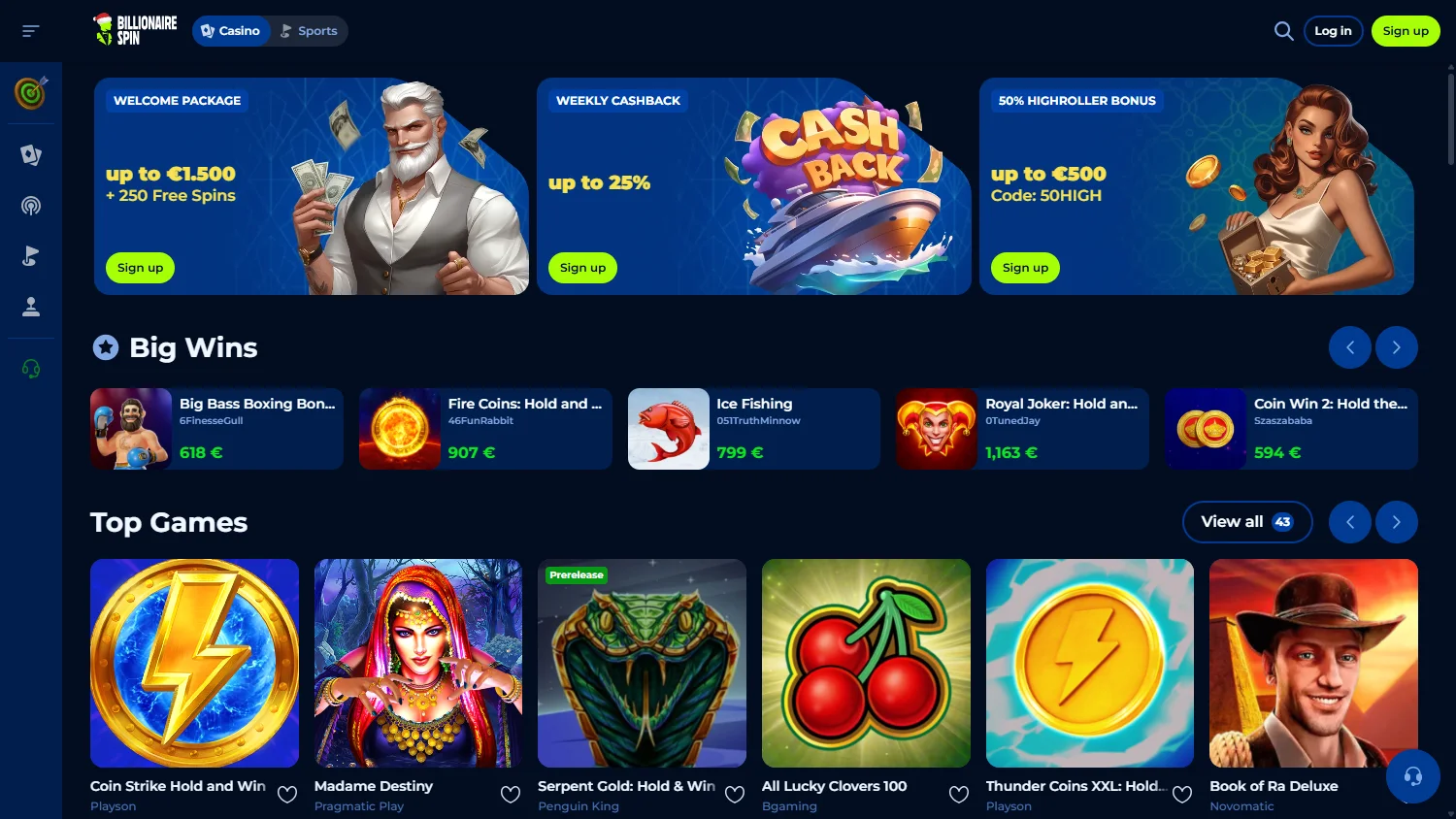 Billionairespin Casino desktop home experience with casino, live dealer and account features