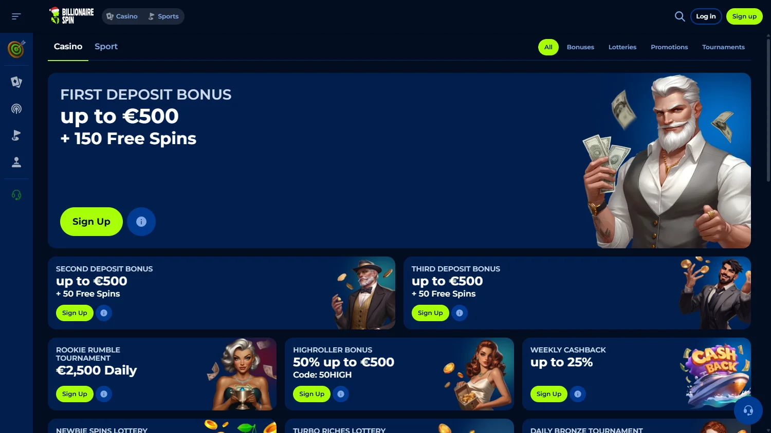 Billionairespin Casino desktop promotions area with bonuses, cashback and tournament activity