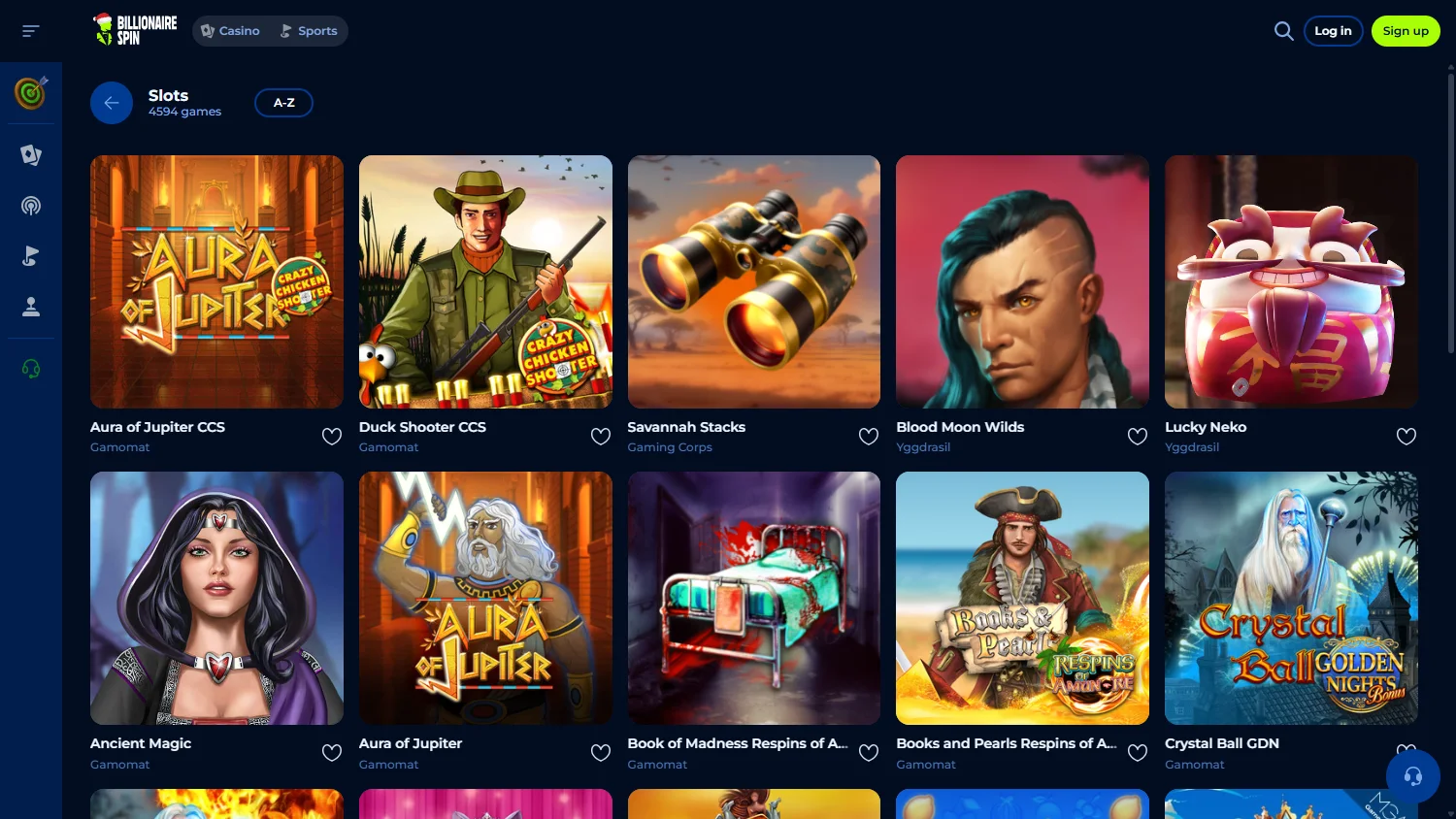 Billionairespin Casino desktop games catalogue with slots, live casino and betting categories