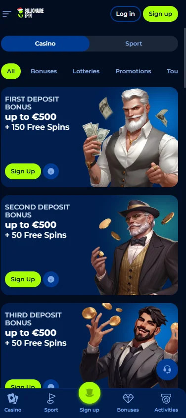 Billionairespin Casino mobile promotions area with reloads, cashback and tournament offers